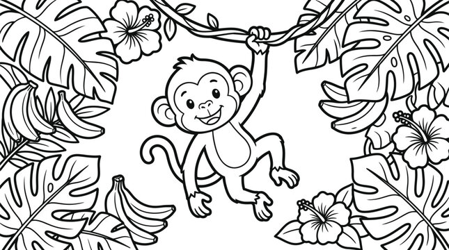 Cute monkey hanging from jungle vine with tropical flowers and bananas sketch for coloring page for kids simple outline style character art vector illustration.