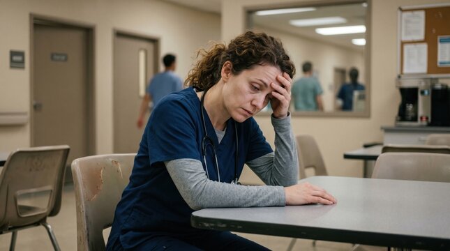 Nurse sits weary with hand on forehead during a break in a hospital staff room. The exhausted healthcare worker conveys stress and fatigue in a medical setting.
