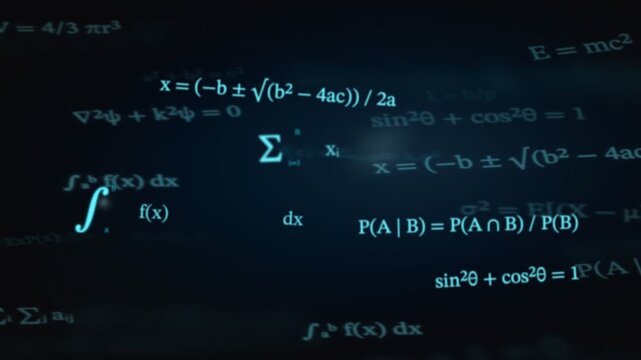 Floating mathematical formulas, scientific equations including quadratic, calculus, probability, and physics expressions on a dark, glowing blue screen surface.