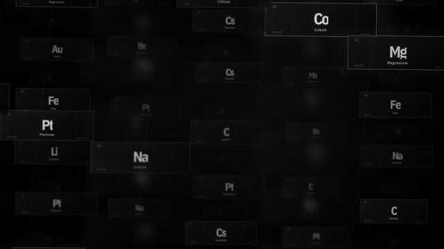 Periodic table of elements arranged as floating tiles. Chemical symbols like Lithium, Gold, Carbon, Iron, and Sodium drift in a dark, minimalist layout.