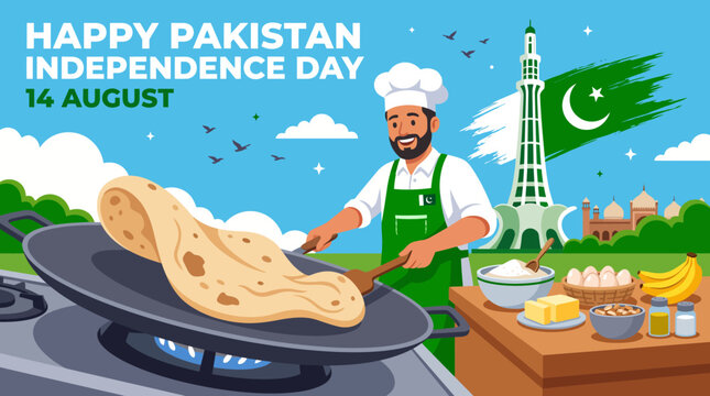 Pakistani chef cooking traditional flatbread roti on independence day celebration illustration with minar e pakistan background