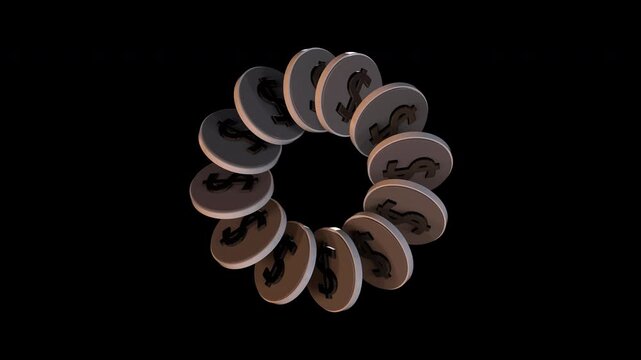 Metallic dollar coins smoothly expand from a single stack into a circular ring and collapse back into one coin, creating a seamless looping 3D animation on a transparent background. Ideal for finance