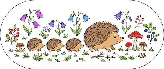 Cute hedgehog family walking through forest flora and fungi