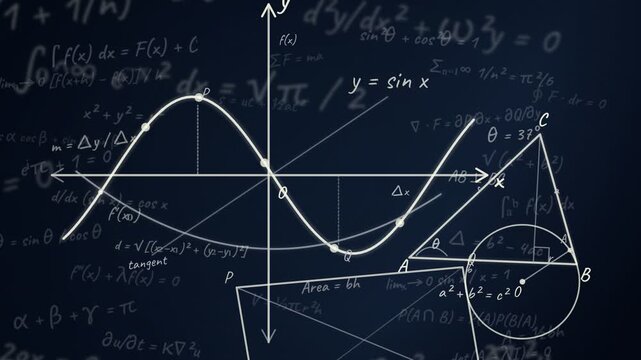 Mathematical formulas and geometry diagrams drawn on dark blue board. Calculus equations, sine waves, triangle trigonometry, algebra, and geometric shapes.