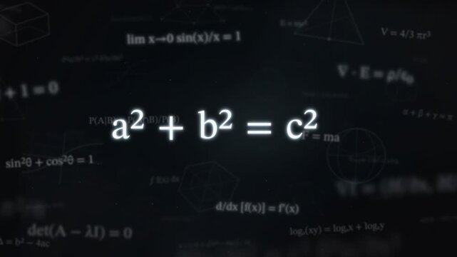 Pythagorean theorem a2 + b2 = c2 in glowing white font centered on a dark chalkboard containing various blurred mathematical formulas, equations, and geometry lines.