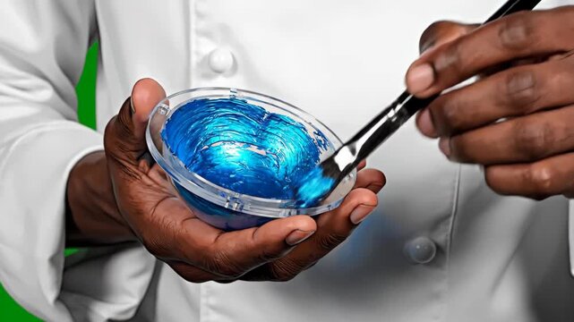 Chef's hands gently applying blue edible glitter to a spherical dessert with a brush during studio lighting