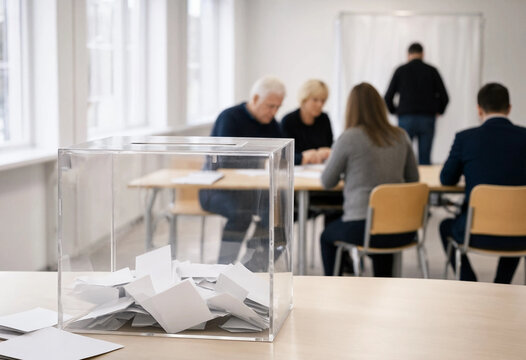 Transparent ballot box filled with ballots sits on a table while voters register and cast votes in a bright polling station. The scene conveys voting, civic participation, and election process.