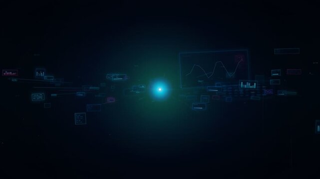 Floating holographic data interface with glowing charts, graphs, and widgets on dark void. Abstract futuristic tech HUD elements for data analysis and software.