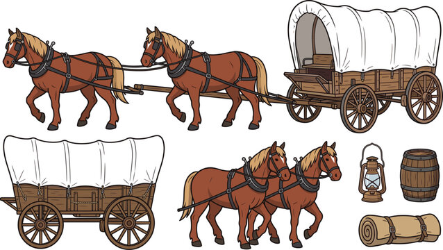 Wild West Covered Wagon and Horse Team Vector Set Featuring Pioneer Stagecoach Carriage Wooden Wheels Lantern and Barrel for Frontier Designs