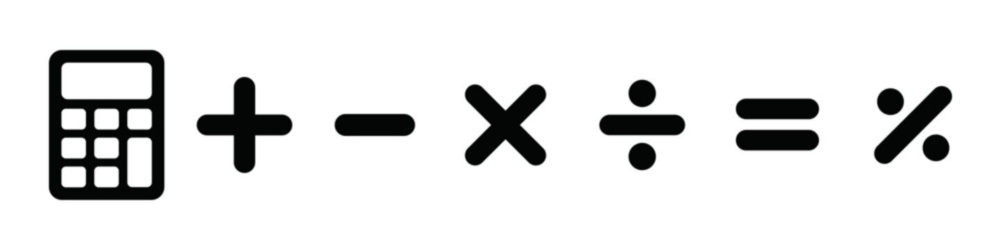 Calculator and math operator UI icon set with plus, minus, multiply, divide, equals and percent symbols. Calculation icons for forms, finance tools, app and web interface