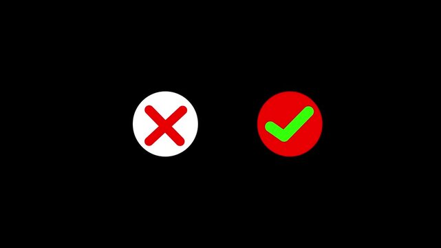 Minimal white and red circle transitioning to cross and check mark animation on black background, premium clean right vs wrong and do's and don'ts loop symbol.4k stock Video