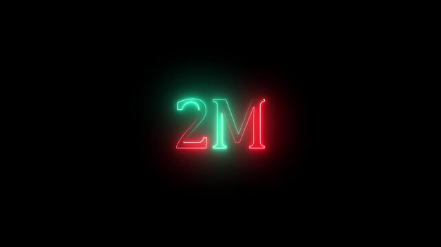 glowing neon 2m followers Celebration text animation. 2m animation neon text effect video motion on transparent background 4K video animation.