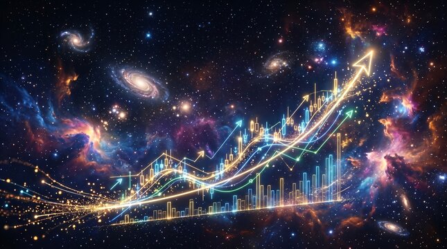 Futuristic Stock Market Candlestick Graph Rising in the Deep Universe