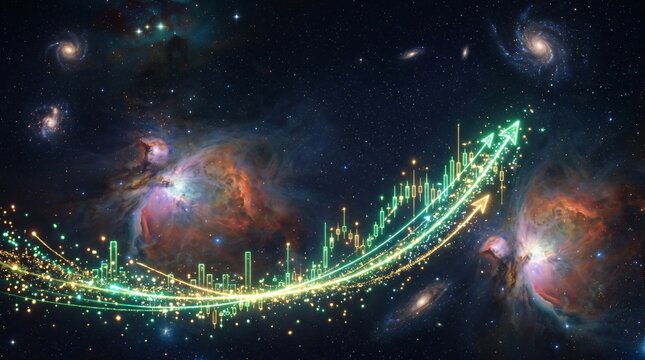 Futuristic Financial Growth Graph with Rising Candlestick Chart in Deep Cosmic Space
