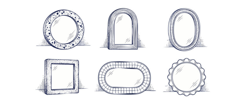 Mirror frame sketch vector set featuring vintage hand drawn isolated mirror designs with classic retro shapes like round, oval, arched, and square borders for elegant interior design decoration.