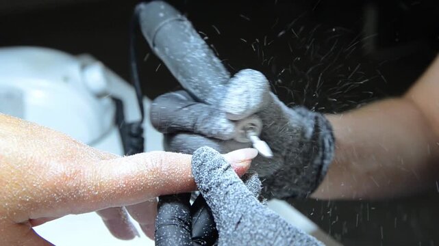 Close-up of a professional nail technician removing old gel polish with an electric nail drill and ceramic drill bit during a manicure procedure.