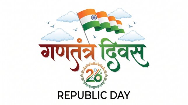 Gantantra Diwas Hindi Calligraphy with Indian Flag and Fighter Jet Flypast