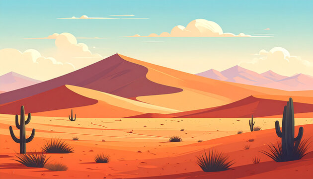 Desert landscape with sand dunes and cacti