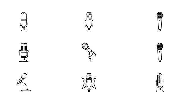 Vintage microphone line icons set studio condenser mic vector outlines