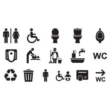 Set of black restroom and public toilet signs and icons for navigation and facility signage
