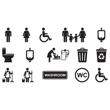 Set of black restroom and washroom sign icons including people toilet and cleaning symbols