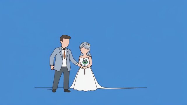 Couple in wedding attire evolving from sketch to animation with subtle background movement