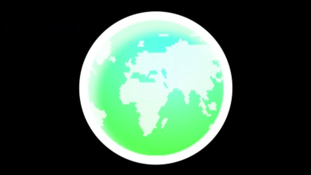 Rotating digital world map globe animation showing green gradient earth with white hexagonal pixel grid motion