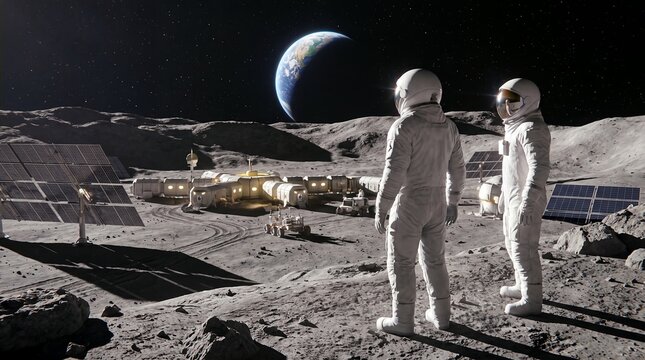 astronauts moon base solar habitat lunar exploration energy colony future Crew members work beside modular shelters and power panels for sustainable settlement teamwork science and offworld living