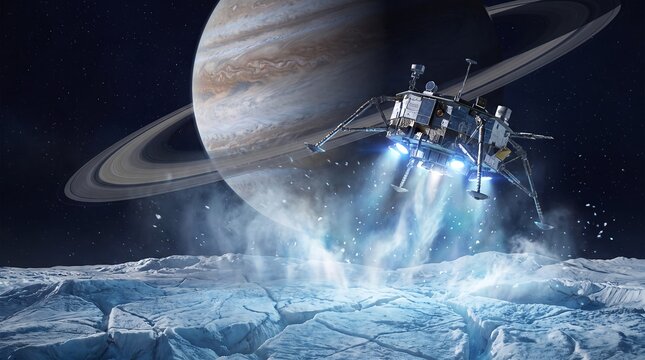 lander moon descent ice planet rings spacecraft exploration mission science A robotic vessel approaches a frozen satellite beneath ringed world for planetary discovery engineering and space research