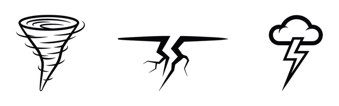 Severe weather icons tornado lightning and thunderstorm black and white