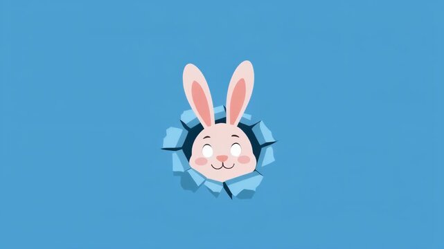 Cute bunny peeking through hole in blue background during springtime animation