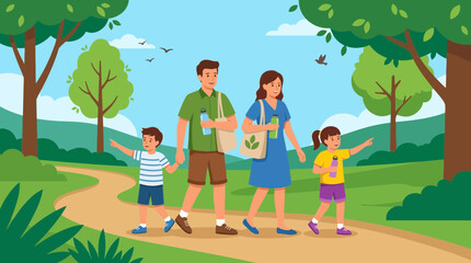 Happy Family Walking on Nature Trail with Reusable Bottles