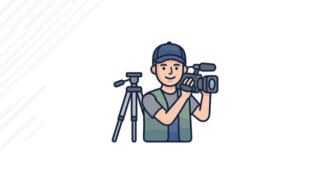 Cartoon cameraman with tripod and video camera in a minimalist style