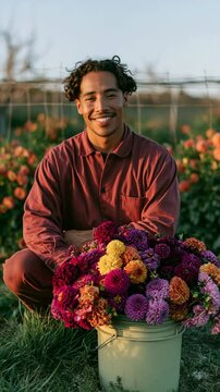Young man holding bucket of mixed flowers in field