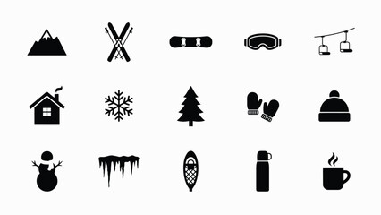 Naklejka premium Winter sports and cozy mountain lifestyle flat icon collection with minimalist black white icon sheet showcasing winter activities hot beverages against neutral background