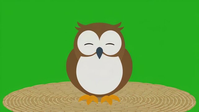 Cute cartoon owl winks with eyes closed on a soft ground patch during daytime cinematic motion
