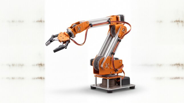 Close-up studio shot of a completed orange aluminum educational DIY robotic arm with an open mechanical claw gripper, isolated on a clean white background with ample copy space for design layouts.