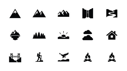 Minimalist black icons set with modern collection fifteen black silhouette icons depicting natural landscapes residential themes against stark white background © Sourabh
