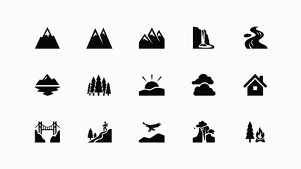 Minimalist black icons set with outdoor adventure themes clean illustrating natural landscapes displays collection sleek landscapes travel motifs © Sourabh