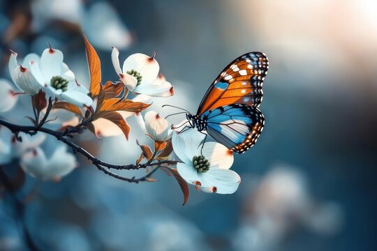 Butterfly on white flower branch in soft light spring garden scene