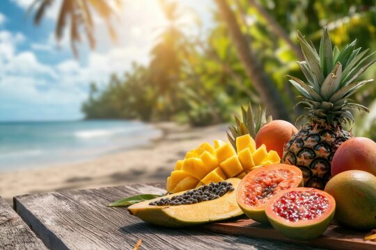 Tropical fruit on wooden table near beach, colorful summer still life with pineapple, mango, papaya, and passion fruit in bright sunlight