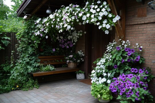 Garden terrace with flowering vine, brick house entrance, wooden bench, potted clematis, lush green foliage