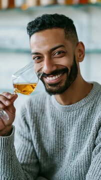 Man smiling while smelling drink from glass in indoor setting