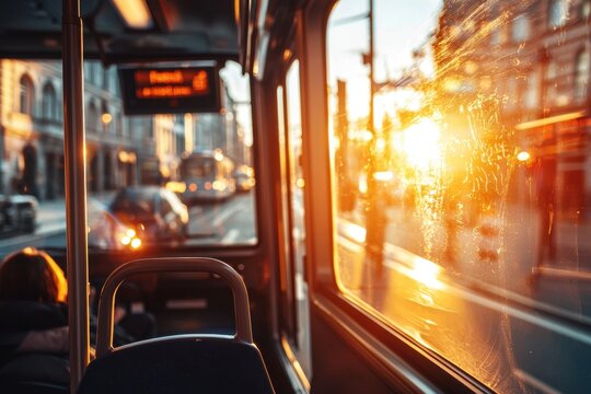 Bus interior city street sunset light passenger window view urban travel public transport empty seat evening commute motion blur