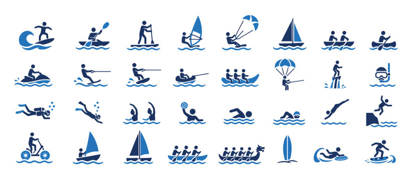 Collection of blue water sports and activities icons.