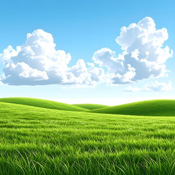 Rolling green hills under bright blue sky with fluffy clouds.