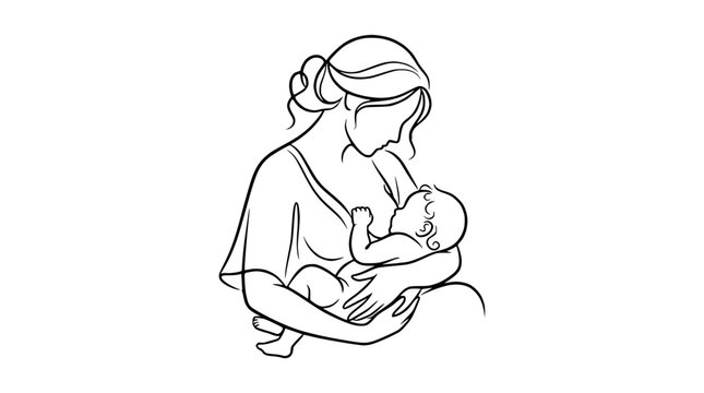 Minimalist line art illustration of a mother breastfeeding her newborn baby