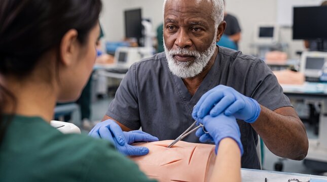 suturing medical training instructor mannequin trainee surgery healthcare education simulation Senior Black male educator demonstrates suturing on a mannequin to a female student for skills training