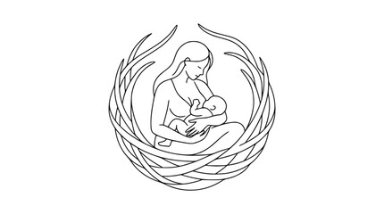 Obraz premium Minimalist Line Art Vector of a Mother Breastfeeding Her Infant in a Protective Nest