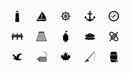 Minimalist black icons set featuring maritime and coastal symbols for travel branding with high contrast black white icons representing nautical coastal themes © Sourabh